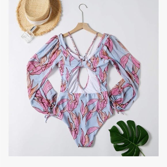 New V-Neck Printing Bandage Long Sleeve Siamese Swimsuit Bikini Pink Large - Picture 2 of 5